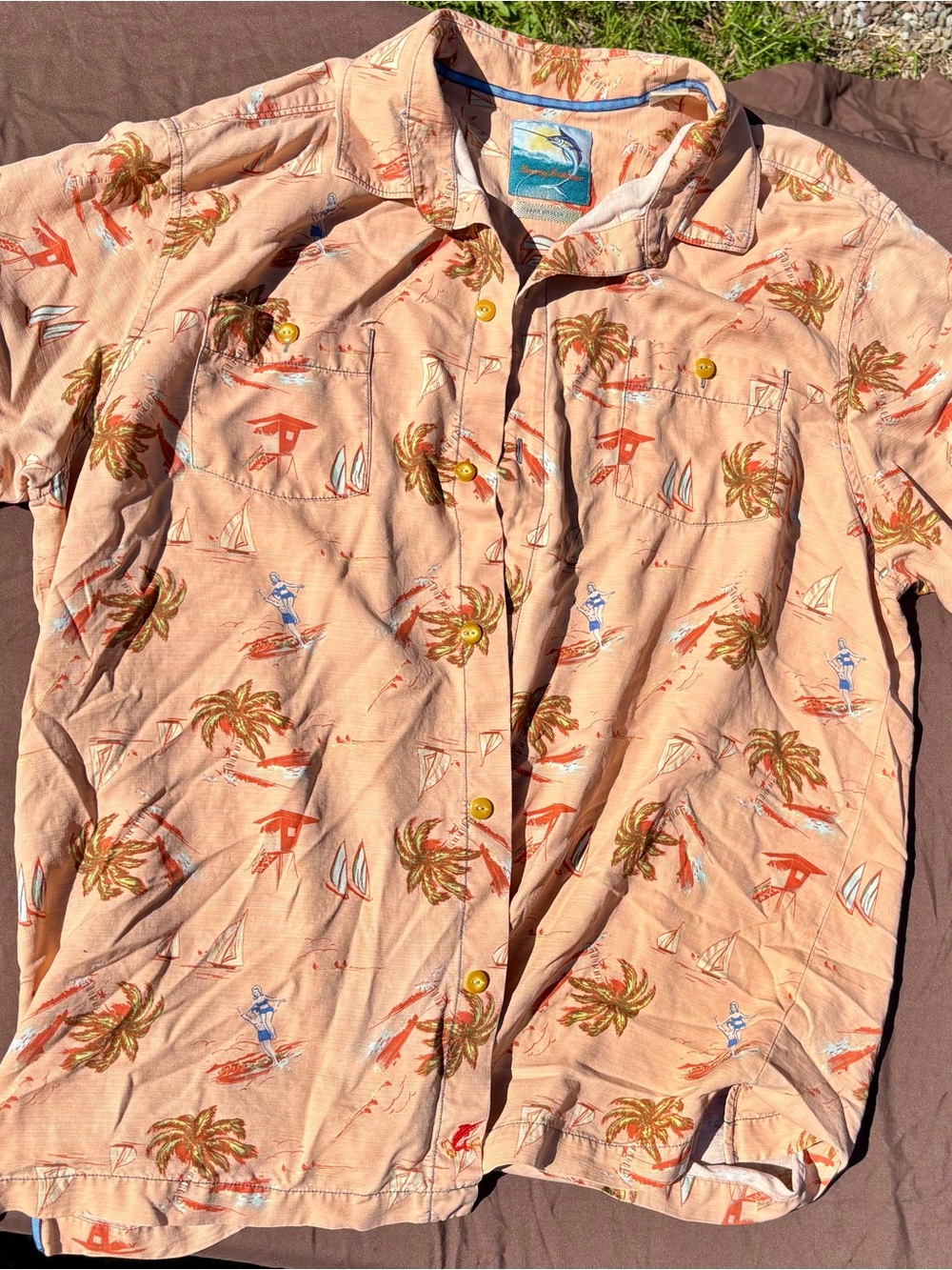 Tommy Bahama Peach Tropical Print Shirt with Brown Red Blue print.